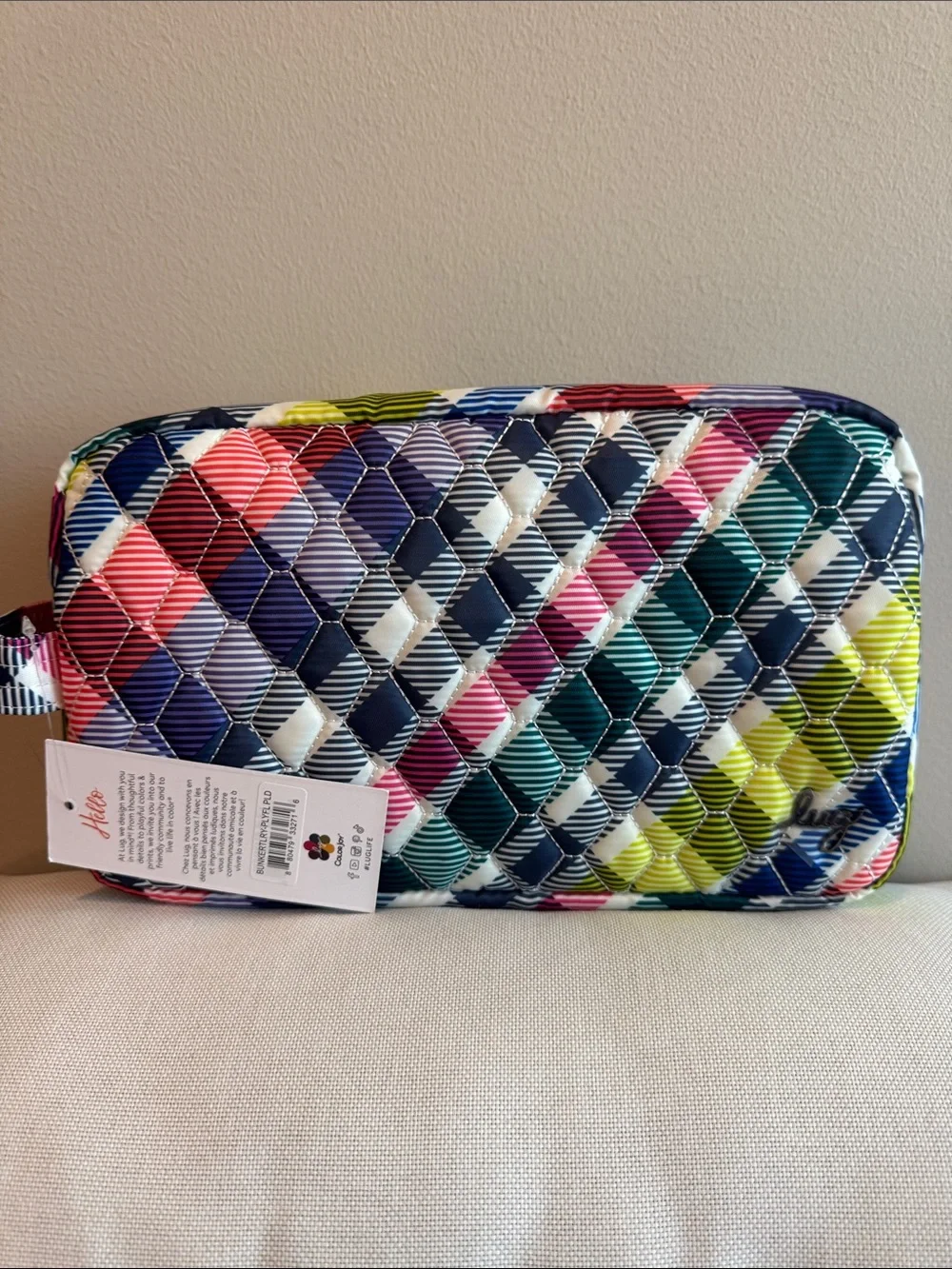LUG playful plaid Bumper Quilted  Cosmetic Pouch with side carry handle
